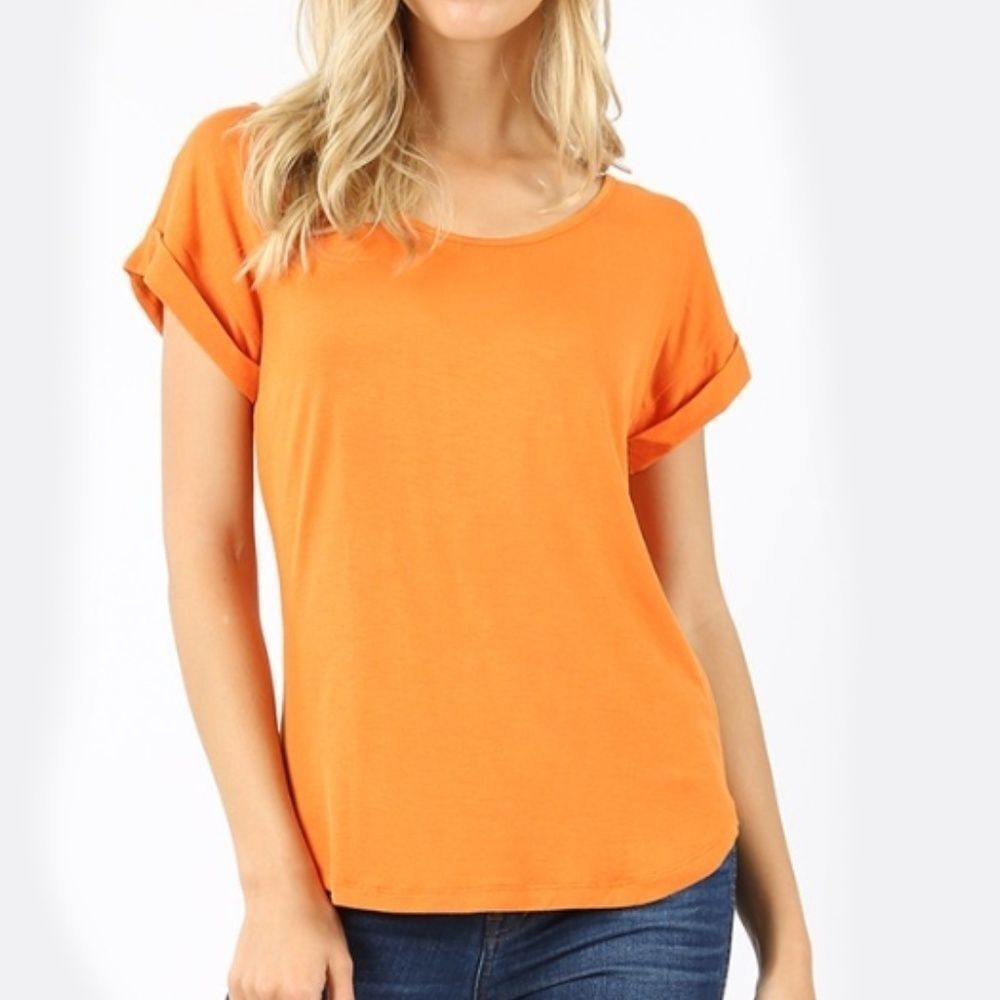 Orange Short Cuff Sleeve Rayon Scoop Neck Fall Top